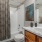 a bathroom with a shower curtain
